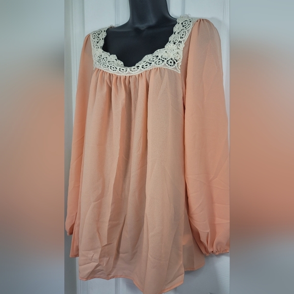 Haptics Crotchet Lace Cream Neckline Peach Long Sleeve Blouse Modest - Picture 4 of 4